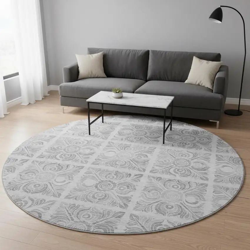 8' Silver And Gray Medallion Washable Round Rug With UV Protection Photo 2