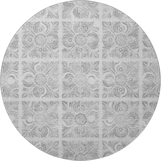 8' Silver And Gray Medallion Washable Round Rug With UV Protection Photo 4