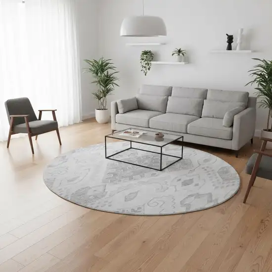 8' Silver And Gray Moroccan Washable Round Rug With UV Protection Photo 2