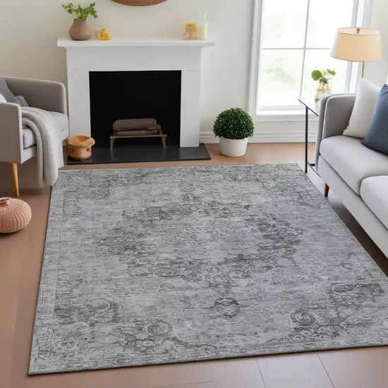 8' Silver And Gray Oriental Washable Area Rug With UV Protection Photo 4