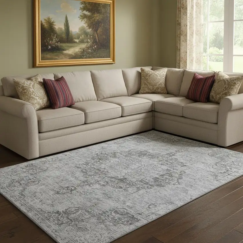 8' Silver And Gray Oriental Washable Area Rug With UV Protection Photo 2