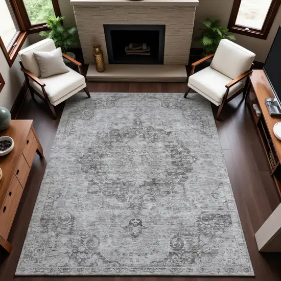 8' Silver And Gray Oriental Washable Area Rug With UV Protection Photo 5