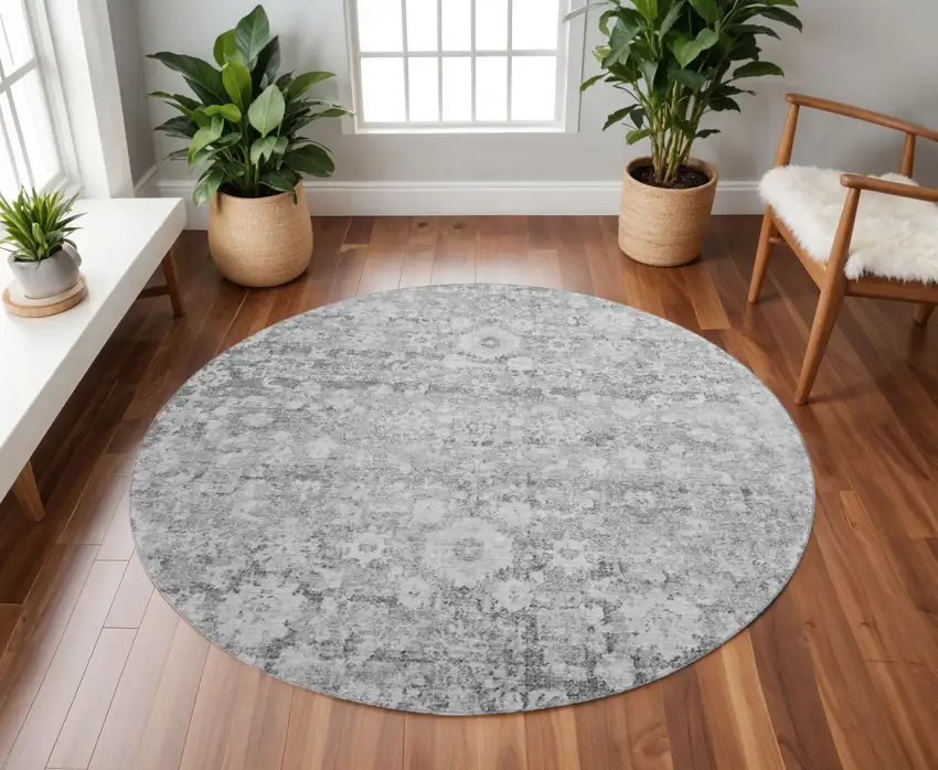 8' Silver And Gray Oriental Washable Round Rug With UV Protection Photo 2