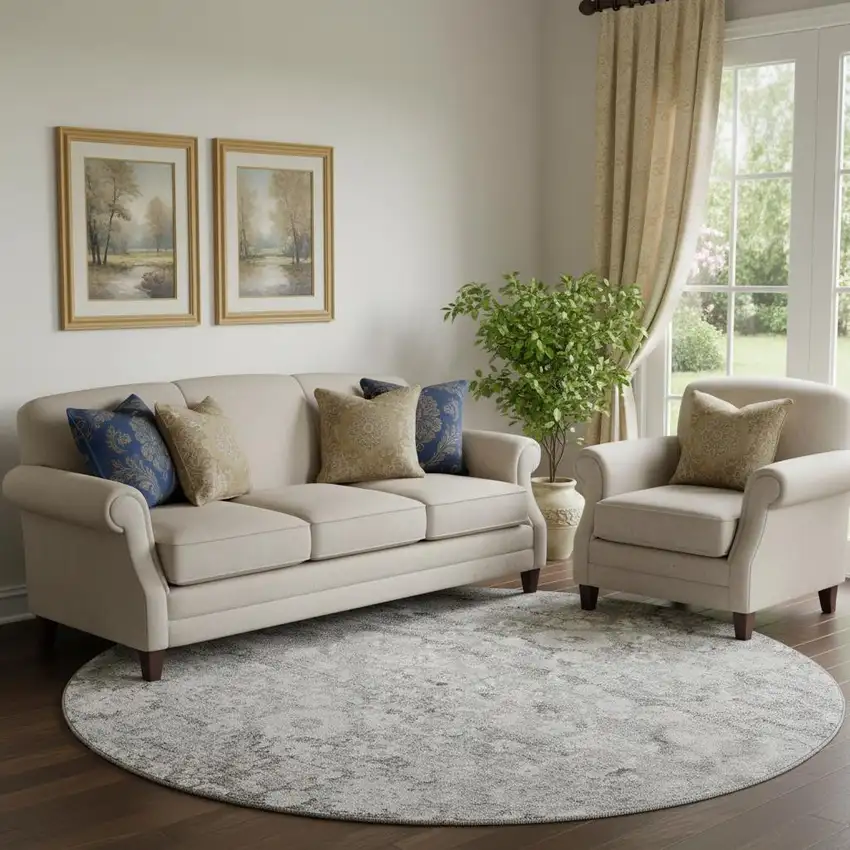 8' Silver And Gray Oriental Washable Round Rug With UV Protection Photo 1