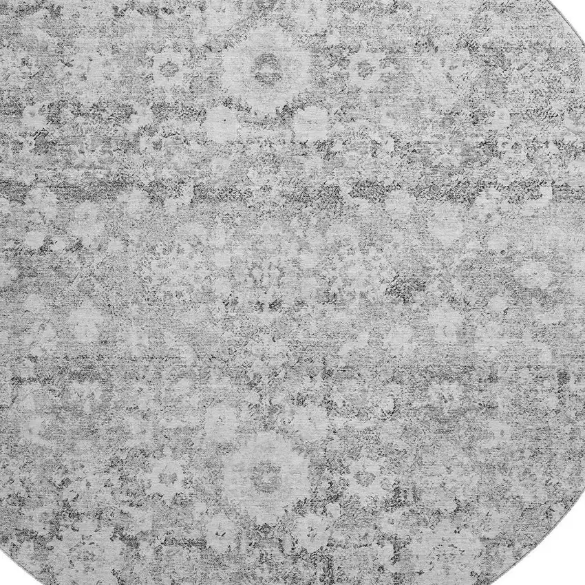 8' Silver And Gray Oriental Washable Round Rug With UV Protection Photo 3