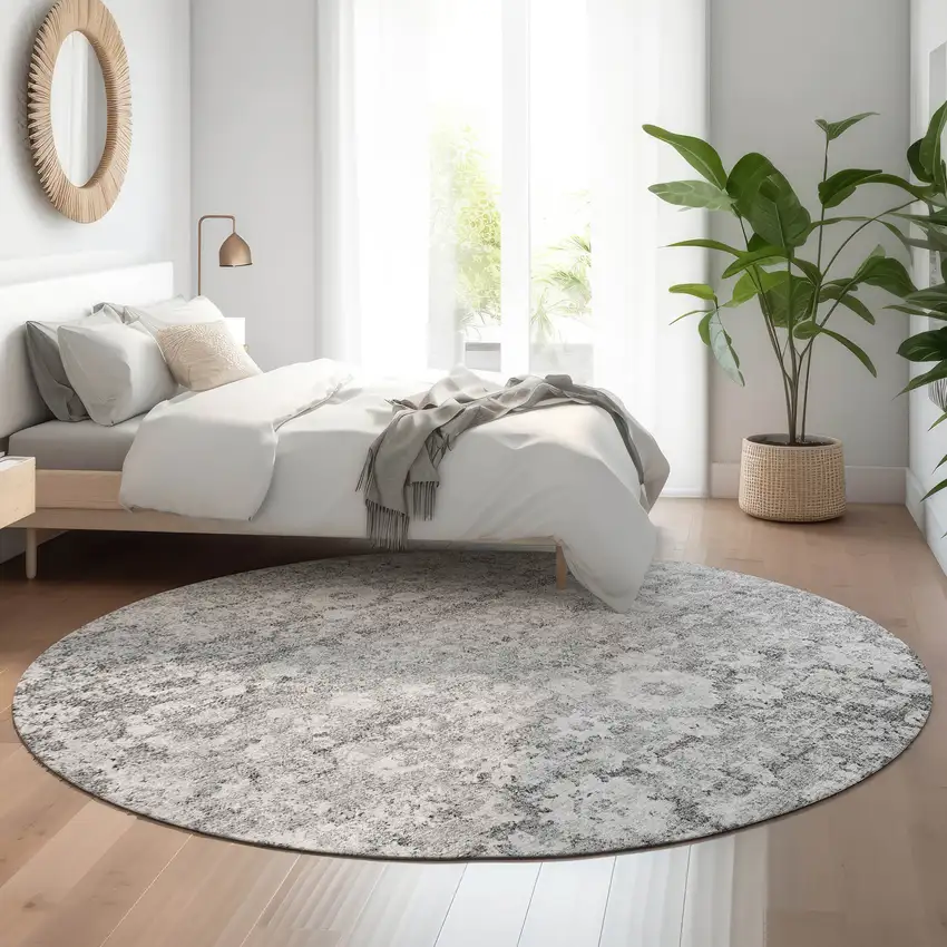 8' Silver And Gray Oriental Washable Round Rug With UV Protection Photo 4