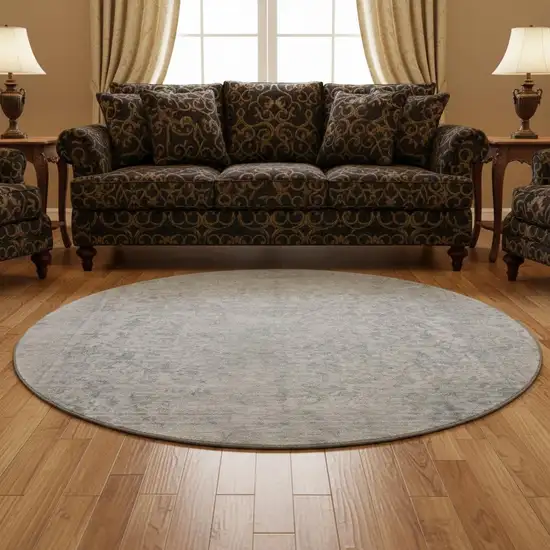 8' Silver And Gray Oriental Washable Round Rug With UV Protection Photo 2