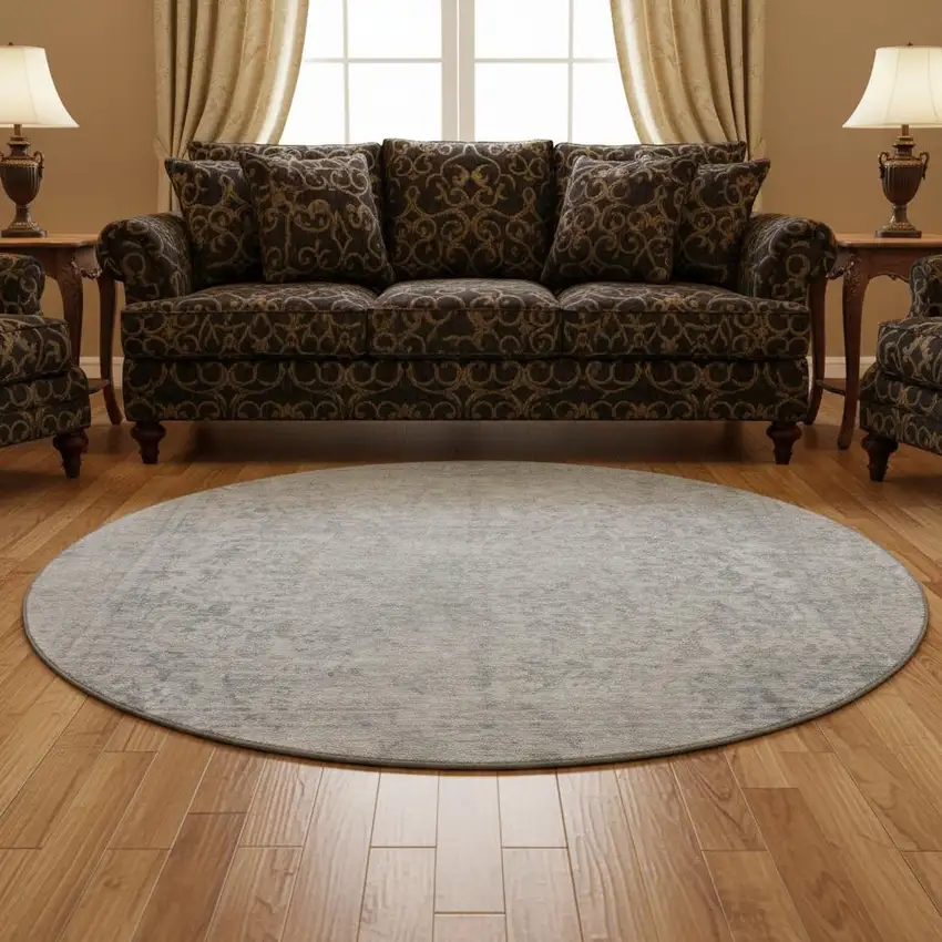 8' Silver And Gray Oriental Washable Round Rug With UV Protection Photo 2