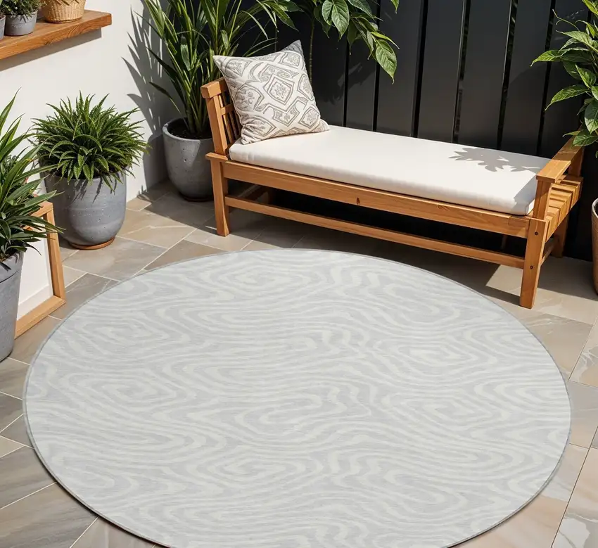 8' Silver And Gray Round Abstract Washable Indoor Outdoor Area Rug Photo 1