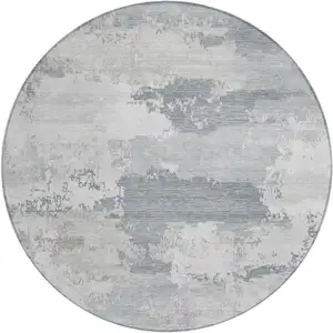 Photo of 8' Silver And Gray Round Abstract Washable Indoor Outdoor Area Rug
