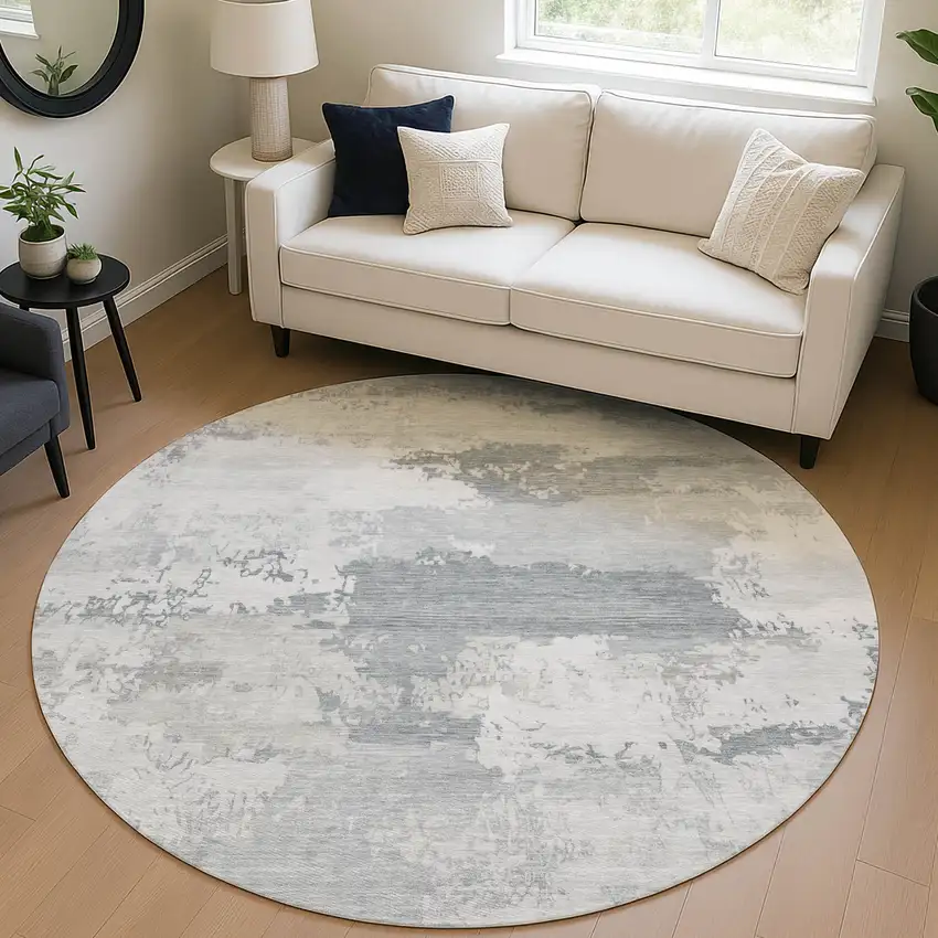 8' Silver And Gray Round Abstract Washable Indoor Outdoor Area Rug Photo 5