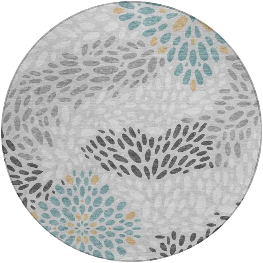 8' Silver And Gray Round Abstract Washable Indoor Outdoor Area Rug Photo 1