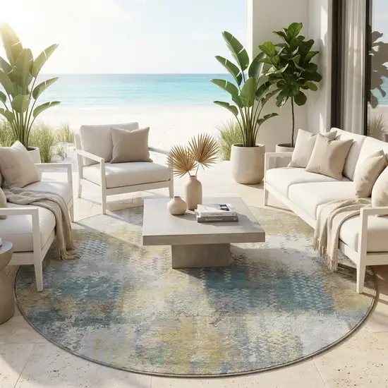 8' Silver And Gray Round Abstract Washable Indoor Outdoor Area Rug Photo 1