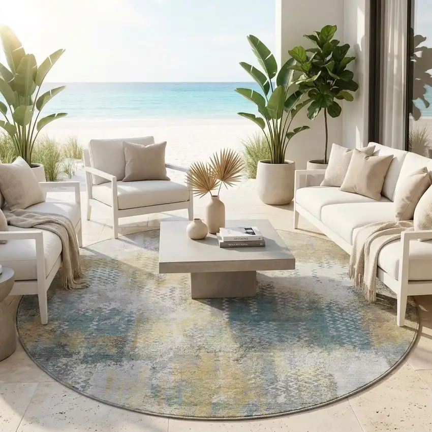 8' Silver And Gray Round Abstract Washable Indoor Outdoor Area Rug Photo 1