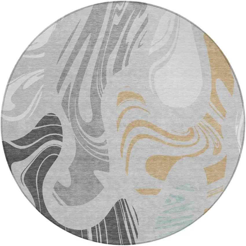 8' Silver And Gray Round Abstract Washable Indoor Outdoor Area Rug Photo 2