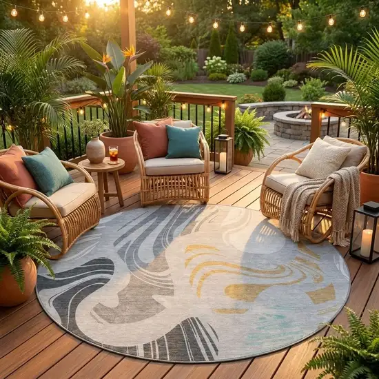 8' Silver And Gray Round Abstract Washable Indoor Outdoor Area Rug Photo 1