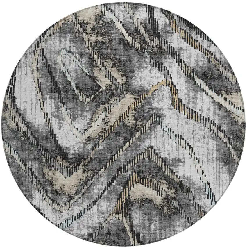 8' Silver And Gray Round Abstract Washable Indoor Outdoor Area Rug Photo 1