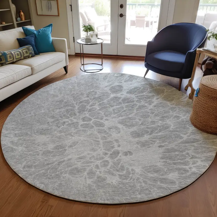 8' Silver And Gray Round Abstract Washable Indoor Outdoor Area Rug Photo 8