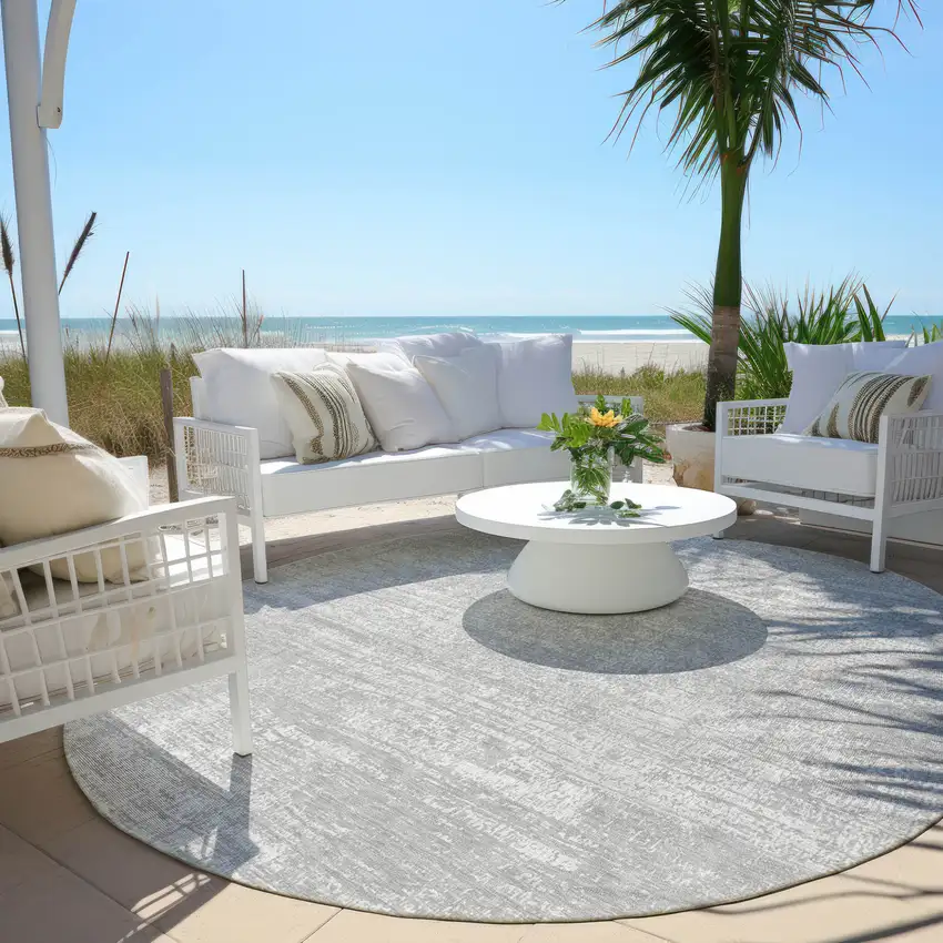 8' Silver And Gray Round Abstract Washable Indoor Outdoor Area Rug Photo 6