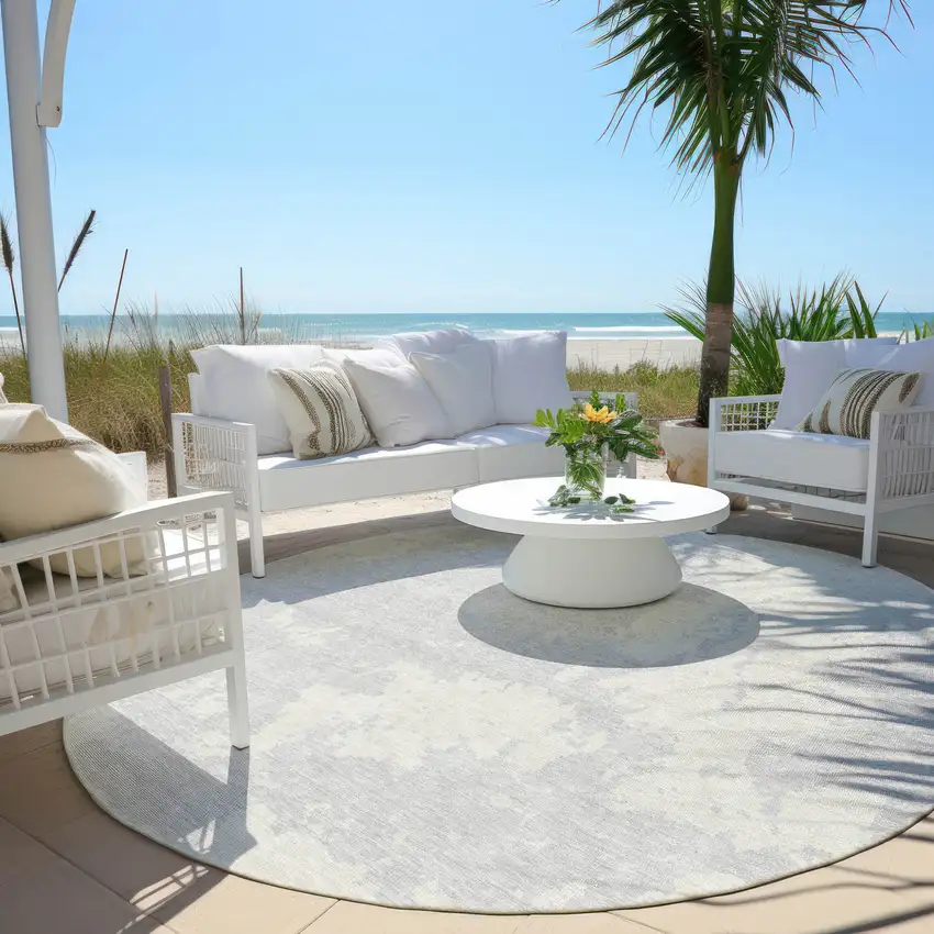 8' Silver And Gray Round Abstract Washable Indoor Outdoor Area Rug Photo 6
