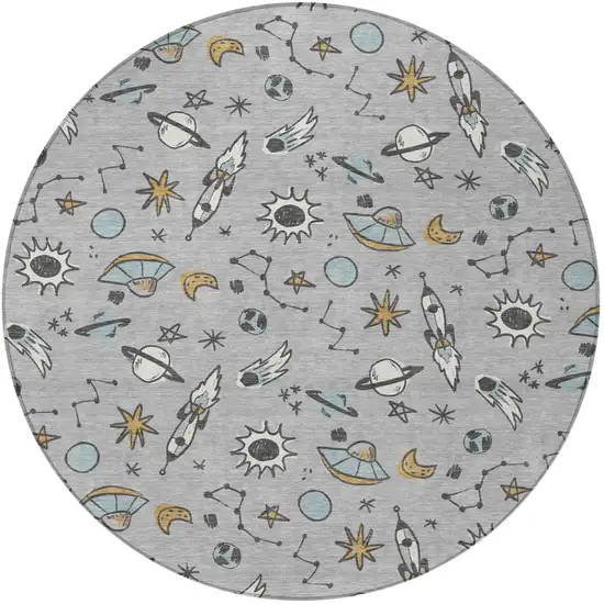 8' Silver And Gray Round Animal Print Washable Indoor Outdoor Area Rug Photo 3