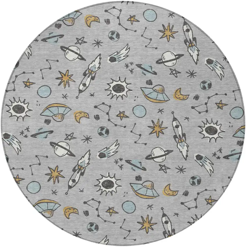 8' Silver And Gray Round Animal Print Washable Indoor Outdoor Area Rug Photo 3