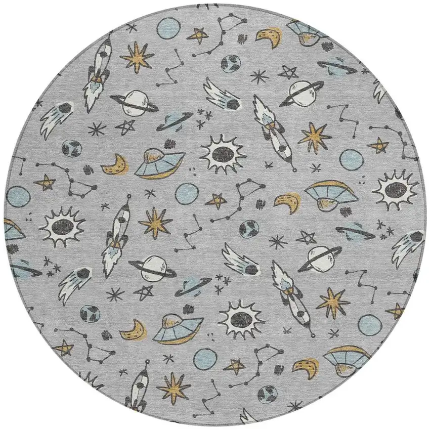 8' Silver And Gray Round Animal Print Washable Indoor Outdoor Area Rug Photo 2