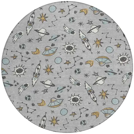 8' Silver And Gray Round Animal Print Washable Indoor Outdoor Area Rug Photo 2