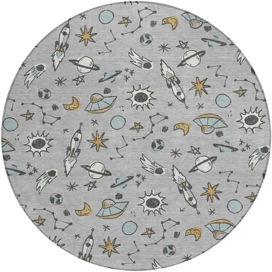 8' Silver And Gray Round Animal Print Washable Indoor Outdoor Area Rug Photo 1