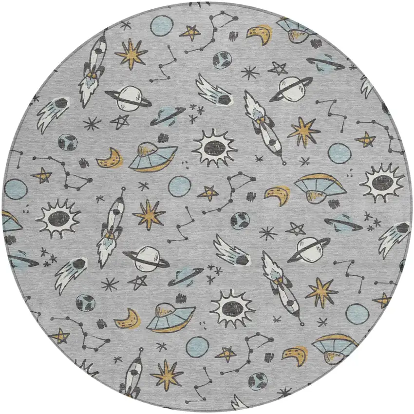 8' Silver And Gray Round Animal Print Washable Indoor Outdoor Area Rug Photo 1