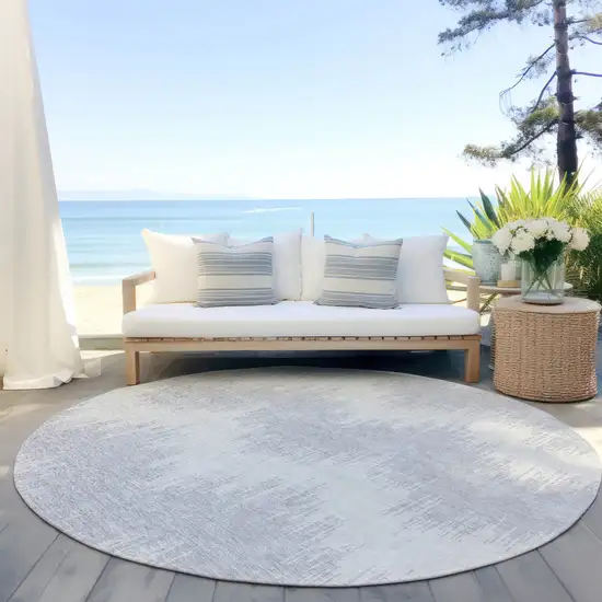 8' Silver And Gray Round Chevron Washable Indoor Outdoor Area Rug Photo 6