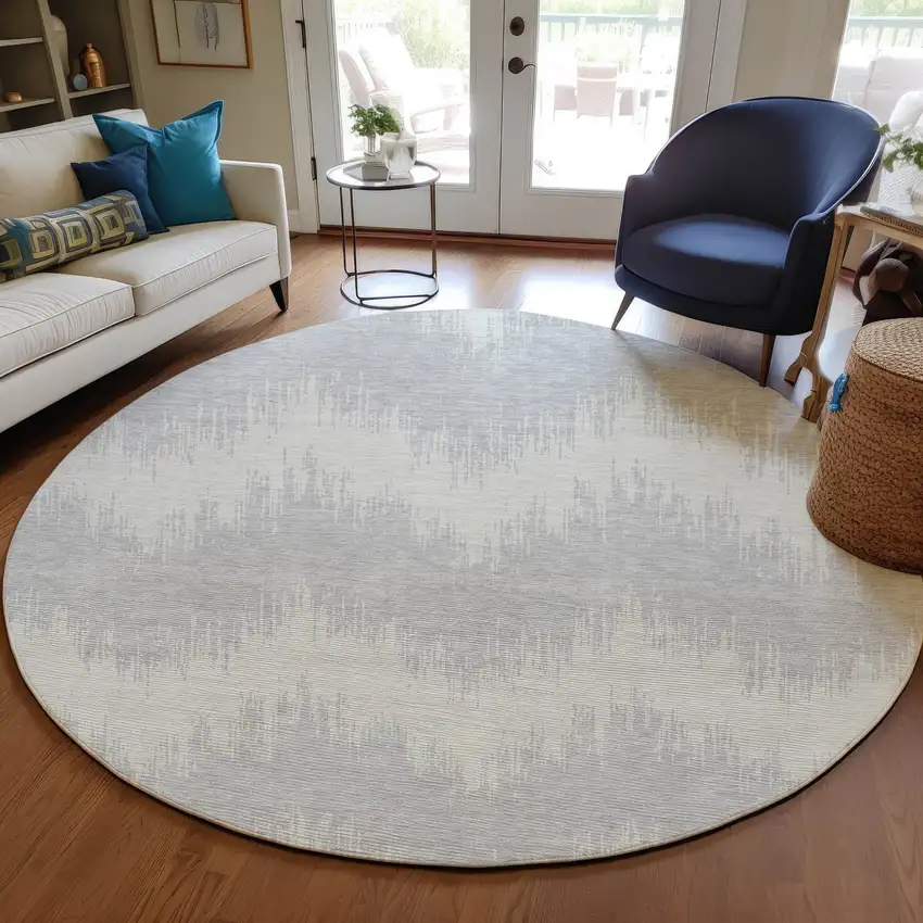 8' Silver And Gray Round Chevron Washable Indoor Outdoor Area Rug Photo 7