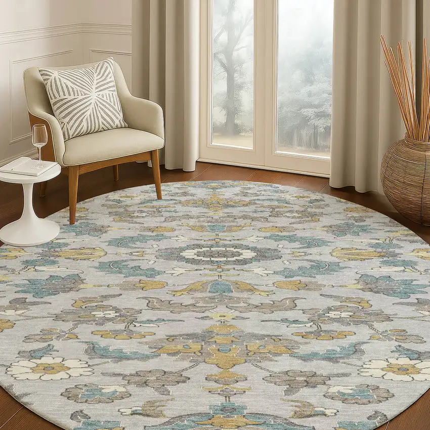 8' Silver And Gray Round Floral Medallion Washable Indoor Outdoor Area Rug Photo 5