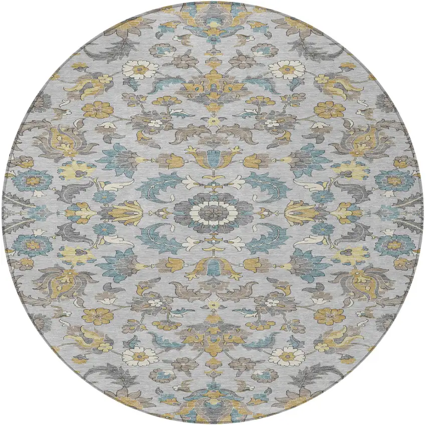 8' Silver And Gray Round Floral Medallion Washable Indoor Outdoor Area Rug Photo 1