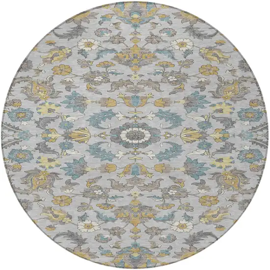 8' Silver And Gray Round Floral Medallion Washable Indoor Outdoor Area Rug Photo 1