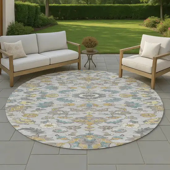 8' Silver And Gray Round Floral Medallion Washable Indoor Outdoor Area Rug Photo 4