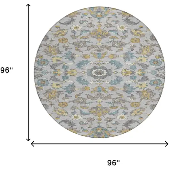 8' Silver And Gray Round Floral Medallion Washable Indoor Outdoor Area Rug Photo 8