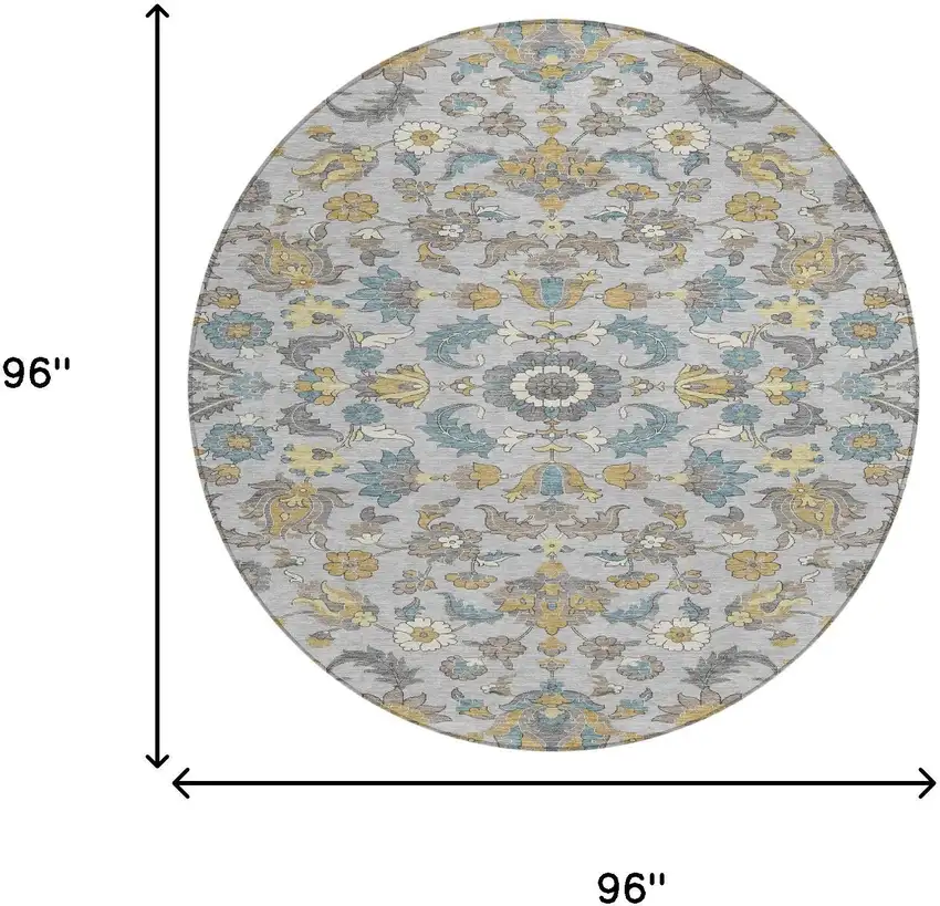 8' Silver And Gray Round Floral Medallion Washable Indoor Outdoor Area Rug Photo 8