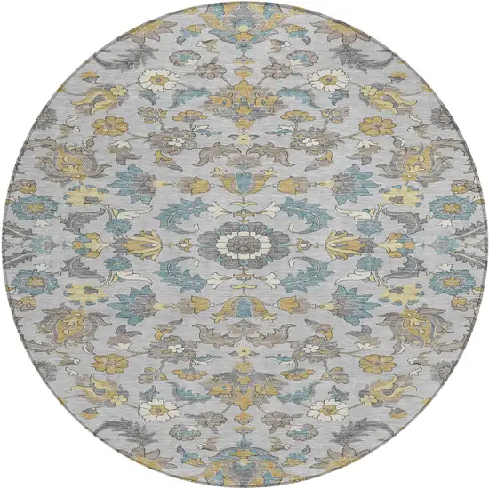 8' Silver And Gray Round Floral Medallion Washable Indoor Outdoor Area Rug Photo 2