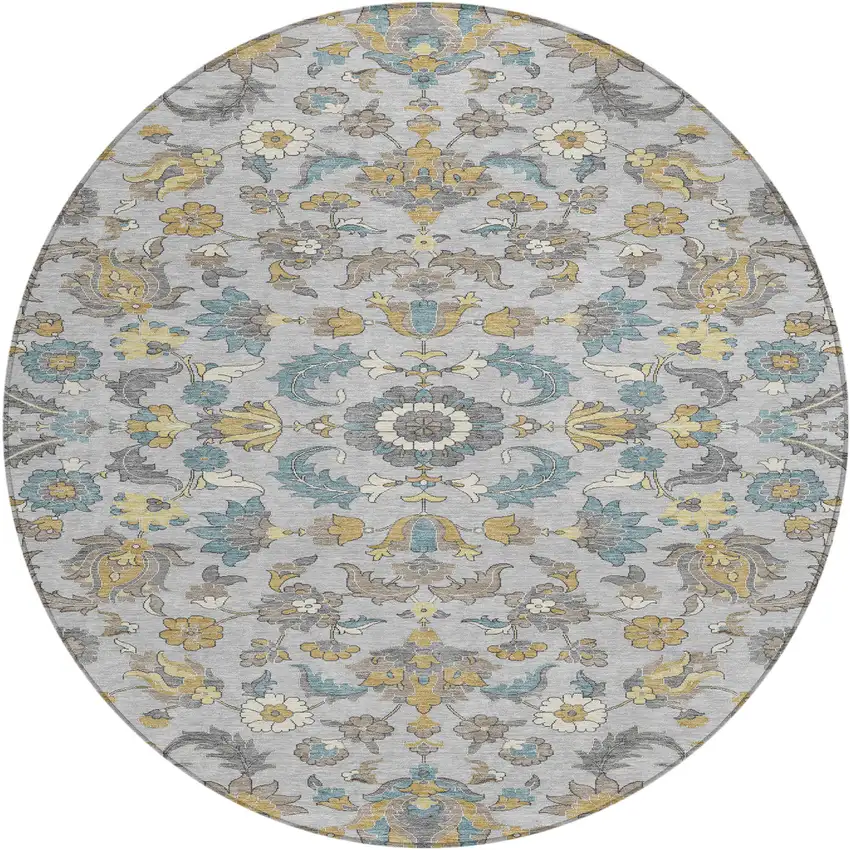8' Silver And Gray Round Floral Medallion Washable Indoor Outdoor Area Rug Photo 2