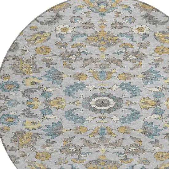 8' Silver And Gray Round Floral Medallion Washable Indoor Outdoor Area Rug Photo 3