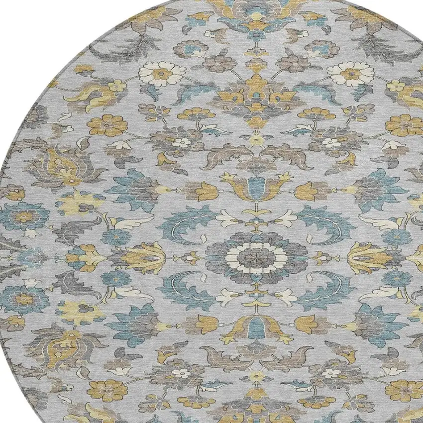 8' Silver And Gray Round Floral Medallion Washable Indoor Outdoor Area Rug Photo 3