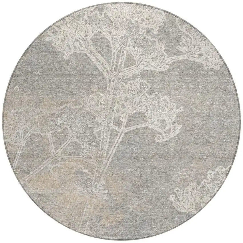 8' Silver And Gray Round Floral Washable Indoor Outdoor Area Rug Photo 4