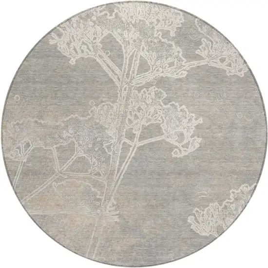 8' Silver And Gray Round Floral Washable Indoor Outdoor Area Rug Photo 2