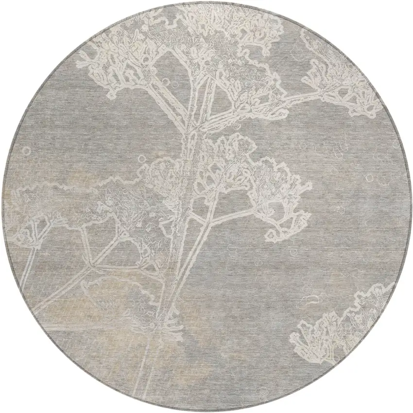 8' Silver And Gray Round Floral Washable Indoor Outdoor Area Rug Photo 2