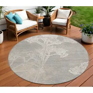 Photo of 8' Silver And Gray Round Floral Washable Indoor Outdoor Area Rug