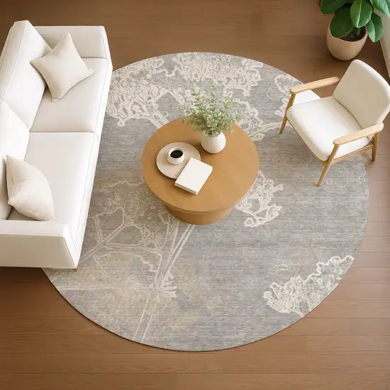 8' Silver And Gray Round Floral Washable Indoor Outdoor Area Rug Photo 8