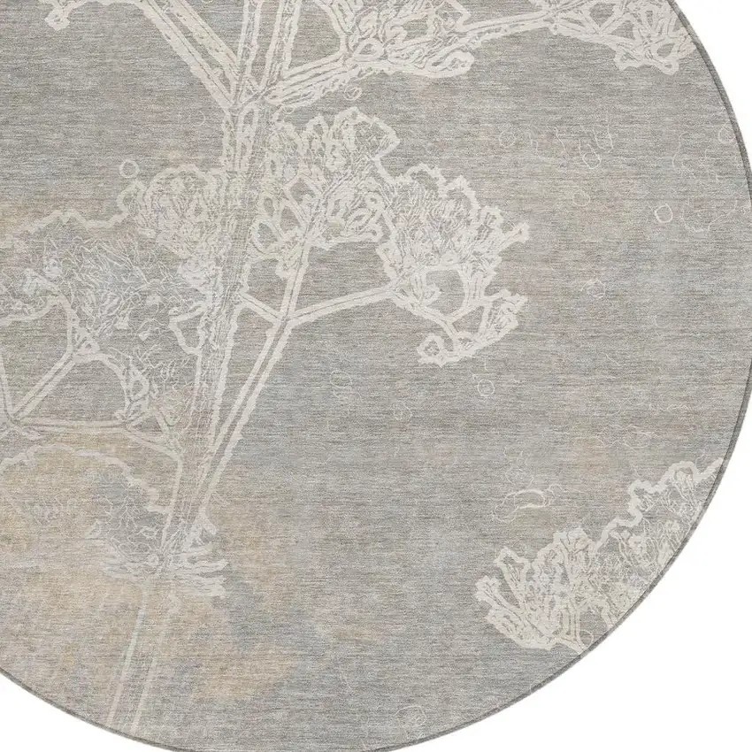 8' Silver And Gray Round Floral Washable Indoor Outdoor Area Rug Photo 7