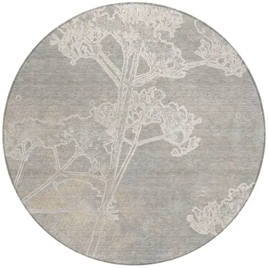8' Silver And Gray Round Floral Washable Indoor Outdoor Area Rug Photo 5