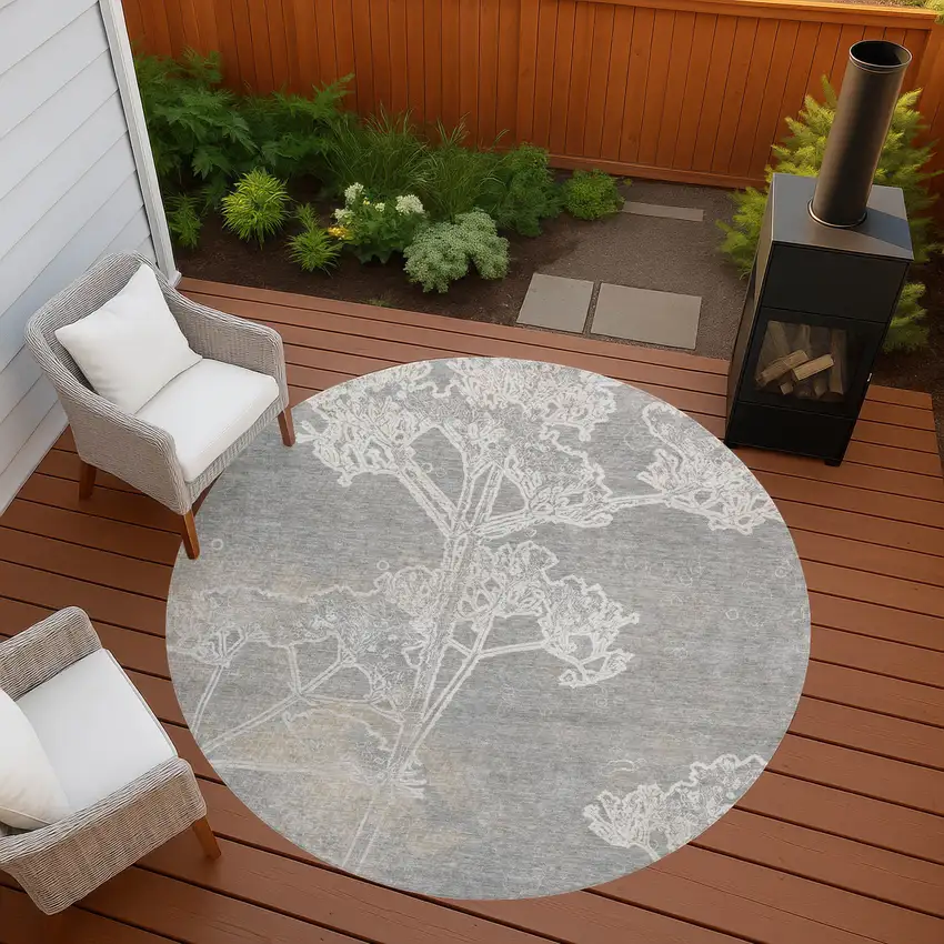 8' Silver And Gray Round Floral Washable Indoor Outdoor Area Rug Photo 9